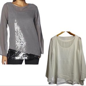 New DG2 Ivory White Sequin Asymmetric Tunic Tank Top Blouse Size L